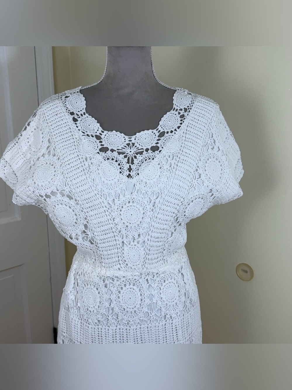 Vintage 70s White Hand Crochet Dress M Midi Cotton Sundress Prairie Boho Bridal - Picture 2 of 16
